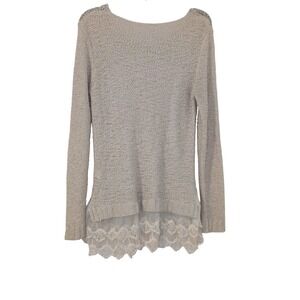 Kate Collection Beige Open Knit‎ Lace Trim Sweater Medium Womens Long Sleeve